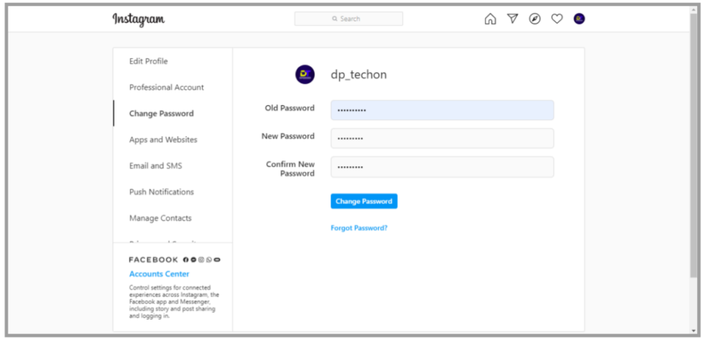 Change Instagram password using pc