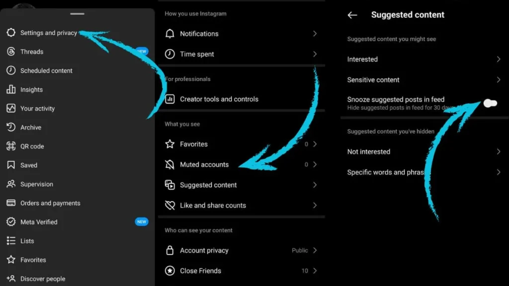 Steps to Snooze suggested content on Instagram