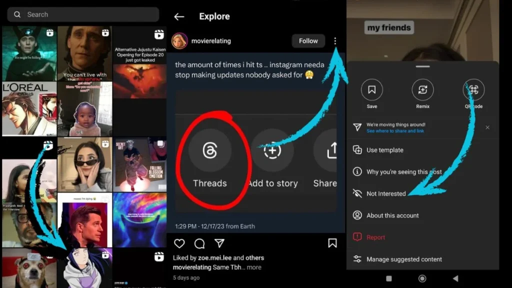 Steps to mark content as "Not Interested" on Instagram