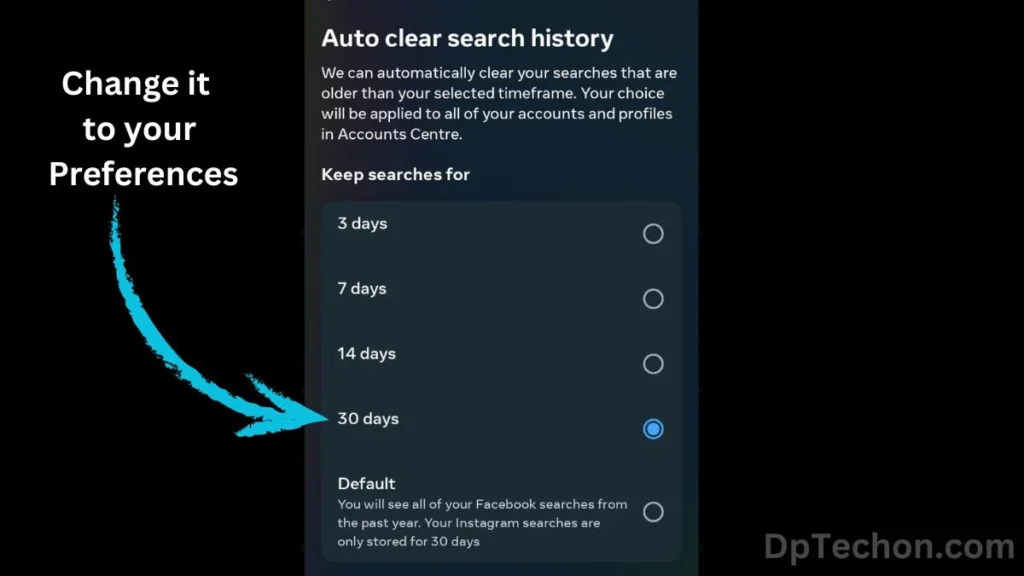 How to change auto-delete cycle-time for Instagram Search History